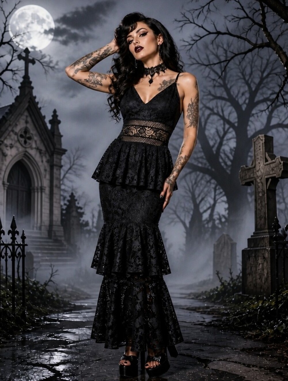 privy Black Lace Peplum Tiered Maxi Dress with Sheer Waist
